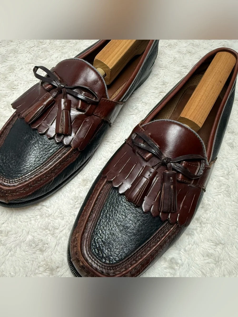 Johnston & Murphy Black and Burgundy Tassel Kiltie Loafers  display picture 1